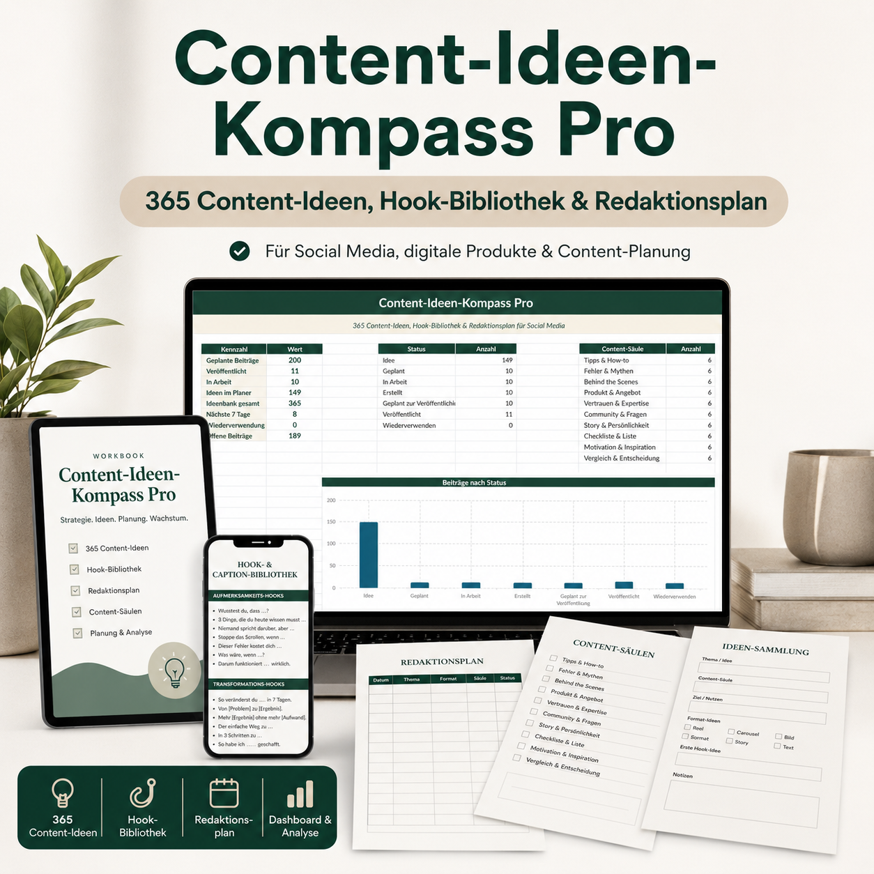Content-Ideen-Kompass Pro – 365 Content-Ideen, Hook-Bibliothek & Redaktionsplan