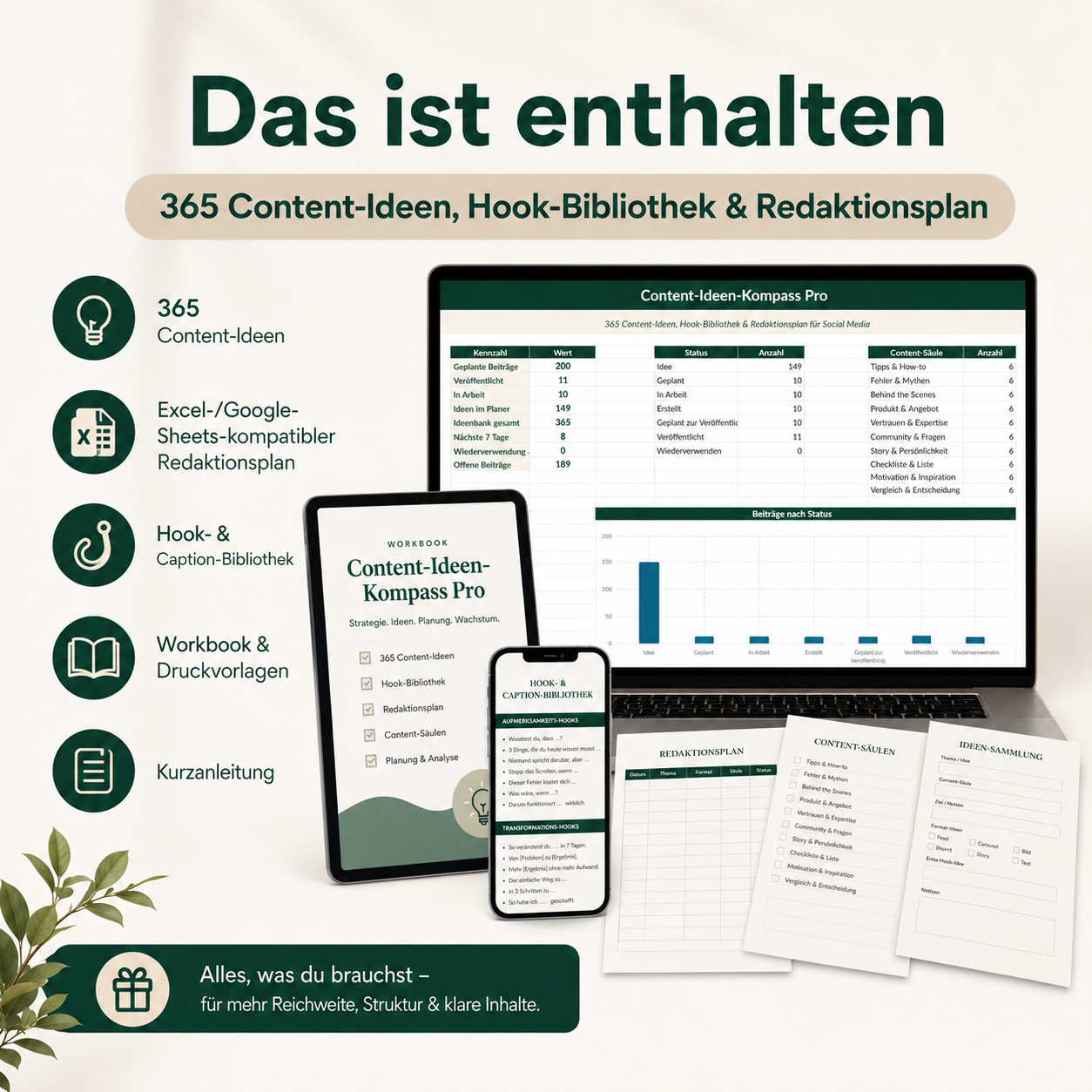 Content-Ideen-Kompass Pro – 365 Content-Ideen, Hook-Bibliothek & Redaktionsplan