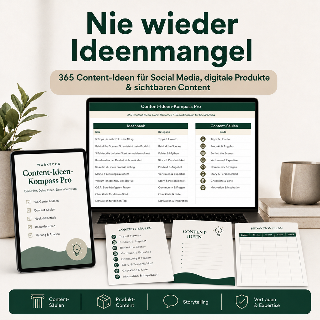 Content-Ideen-Kompass Pro – 365 Content-Ideen, Hook-Bibliothek & Redaktionsplan