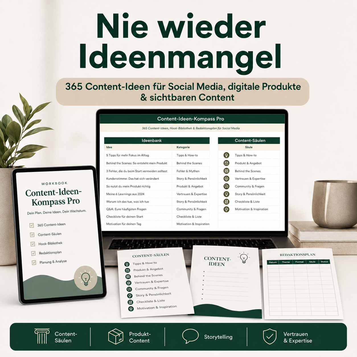 Content-Ideen-Kompass Pro – 365 Content-Ideen, Hook-Bibliothek & Redaktionsplan