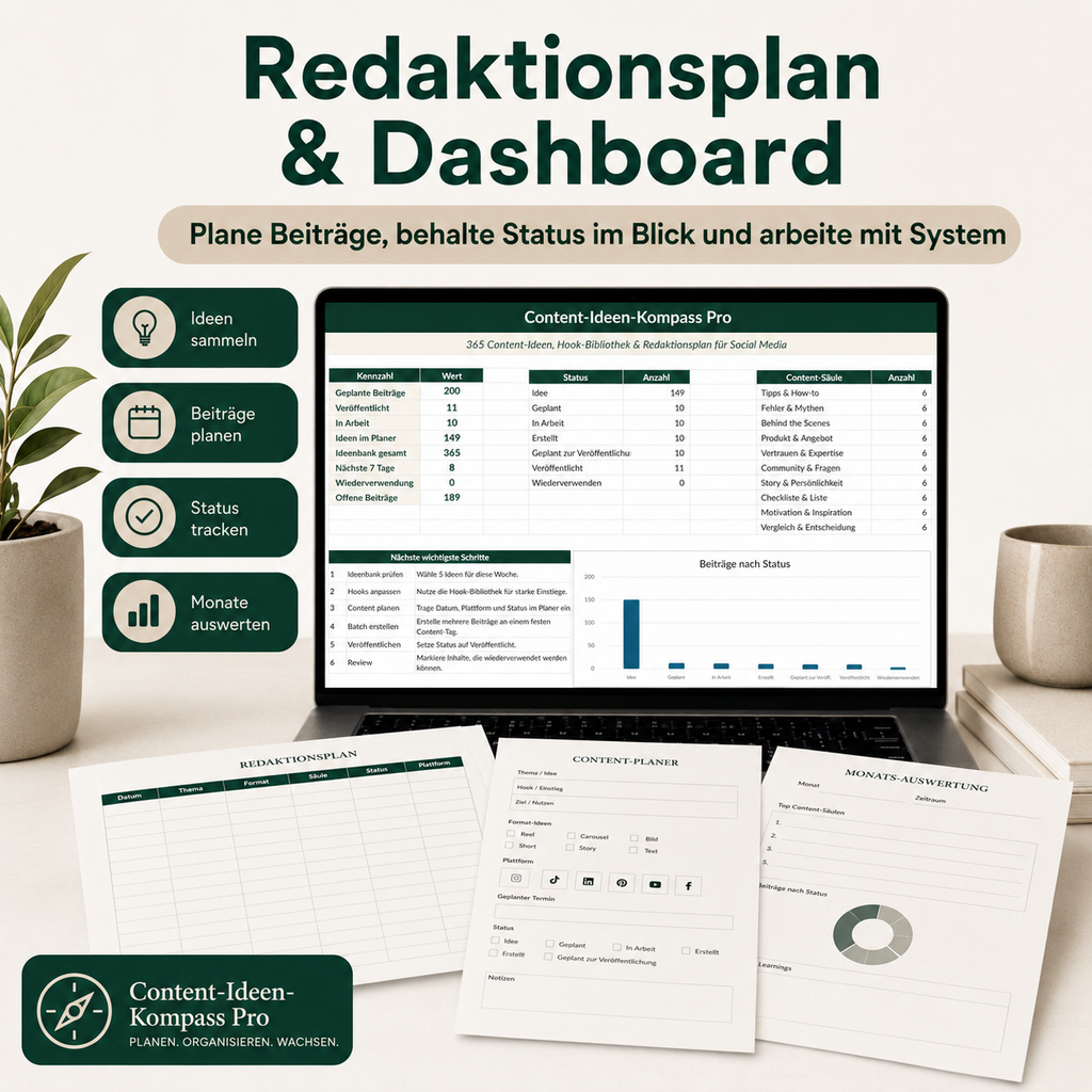 Content-Ideen-Kompass Pro – 365 Content-Ideen, Hook-Bibliothek & Redaktionsplan