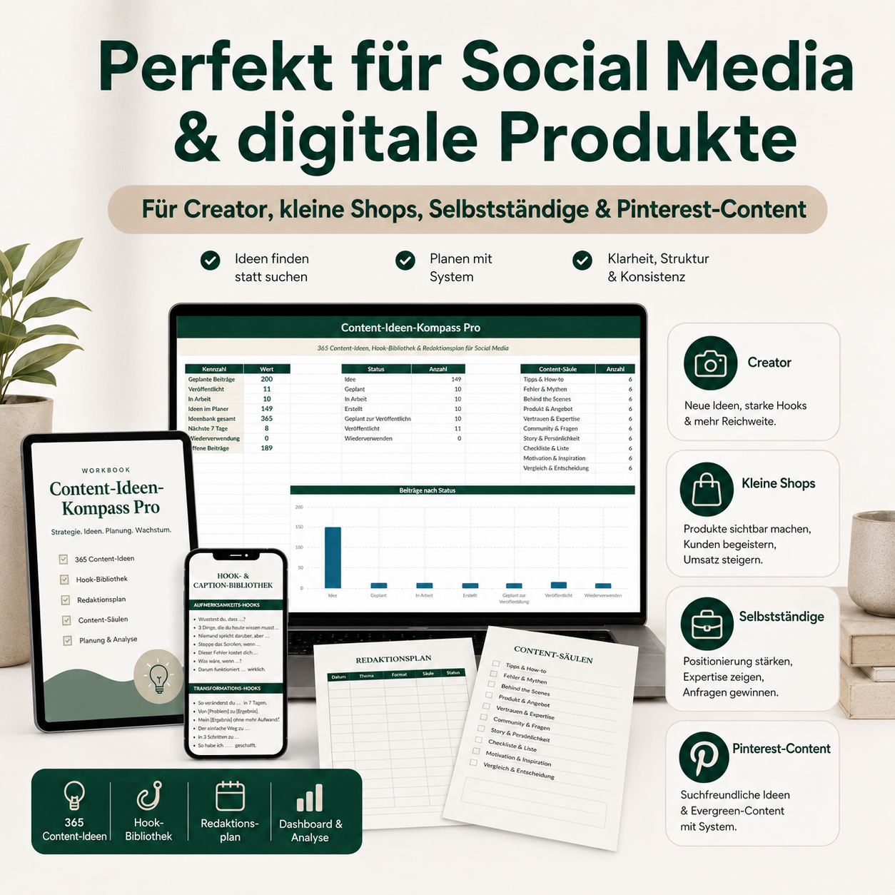 Content-Ideen-Kompass Pro – 365 Content-Ideen, Hook-Bibliothek & Redaktionsplan
