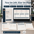 Neu im Job klar im Plan als professionelles Mockup mit 100-Tage-Onboarding-Planer, Excel-Dashboard und digital ausfüllbarer PDF
