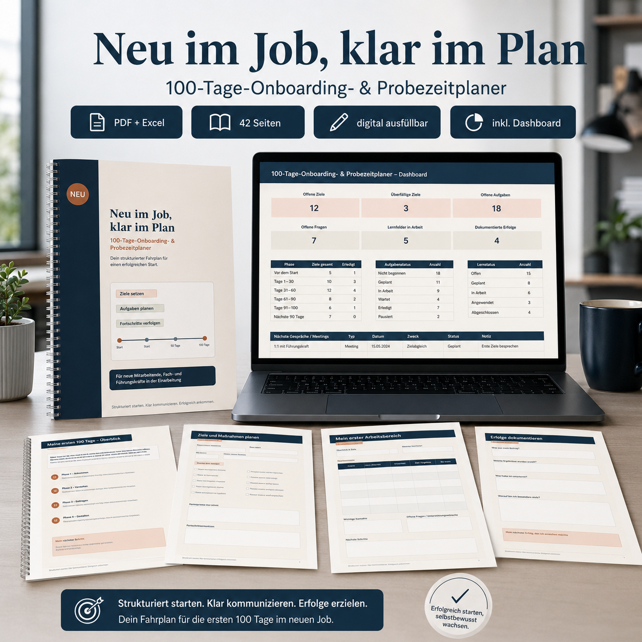 Neu im Job klar im Plan als professionelles Mockup mit 100-Tage-Onboarding-Planer, Excel-Dashboard und digital ausfüllbarer PDF