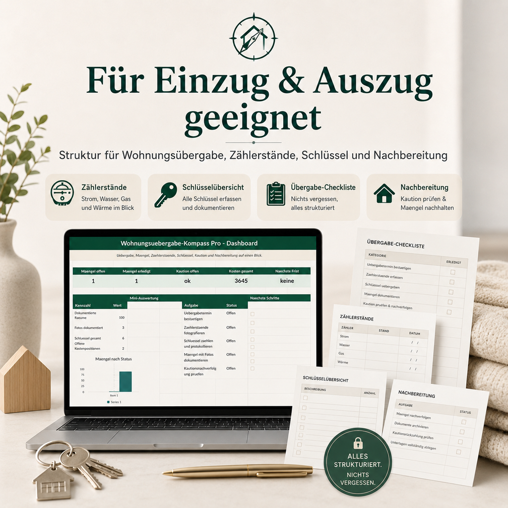 Wohnungsübergabe-Kompass Pro – Übergabeprotokoll, Mängel- & Kautions-Tracker