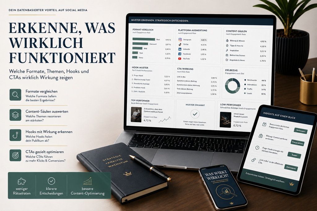 Social-Media-Muster nach Plattform, Format, Content-Säule, Hook und CTA im Dashboard auswerten