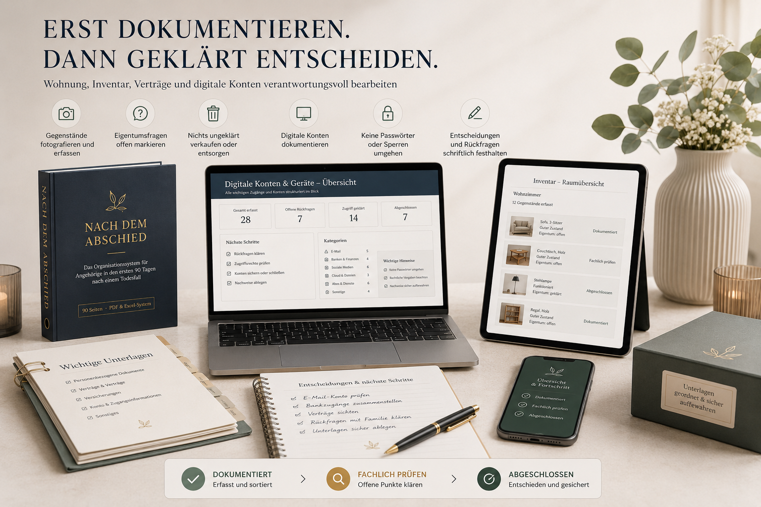 Organisationssystem für Inventar, Wohnung, digitale Konten und wichtige Unterlagen nach einem Todesfall