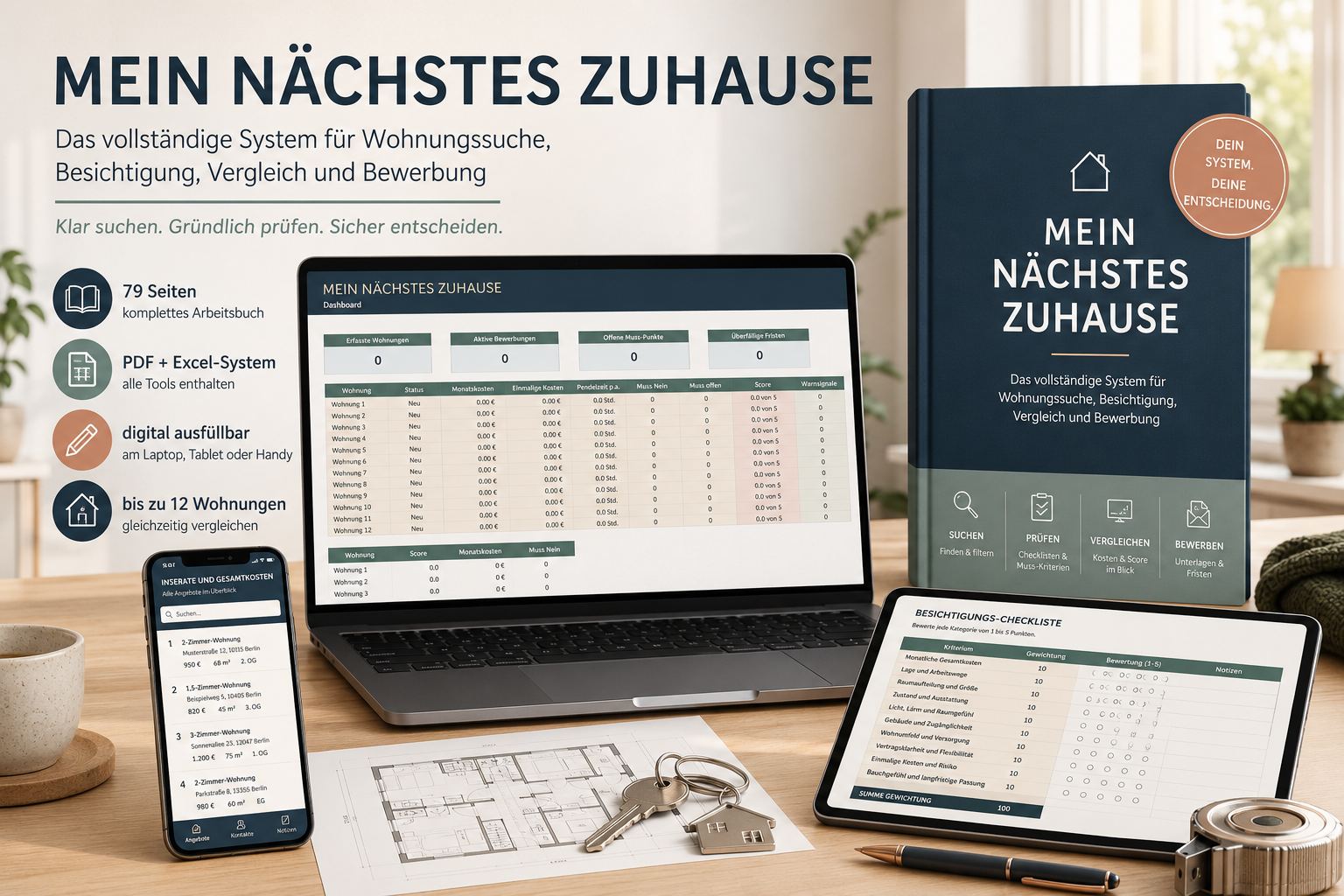 Mein nächstes Zuhause – digitaler Wohnungssuche-Planer mit PDF-Workbook und Excel-Dashboard
