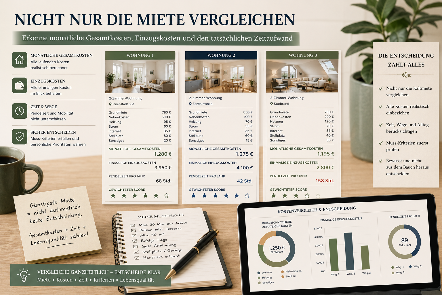 Kostenvergleich für Mietwohnungen mit Monatskosten, Einzugskosten, Pendelzeit und Muss-Kriterien