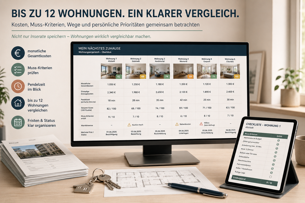 Wohnungsvergleich für bis zu 12 Mietwohnungen mit Kosten, Muss-Kriterien, Pendelzeit und Score