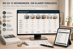Wohnungsvergleich für bis zu 12 Mietwohnungen mit Kosten, Muss-Kriterien, Pendelzeit und Score