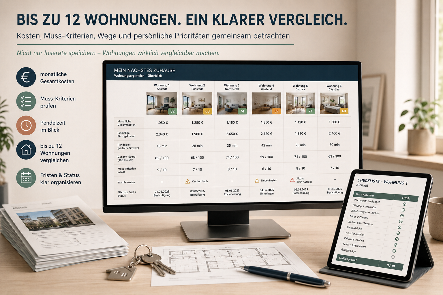 Wohnungsvergleich für bis zu 12 Mietwohnungen mit Kosten, Muss-Kriterien, Pendelzeit und Score