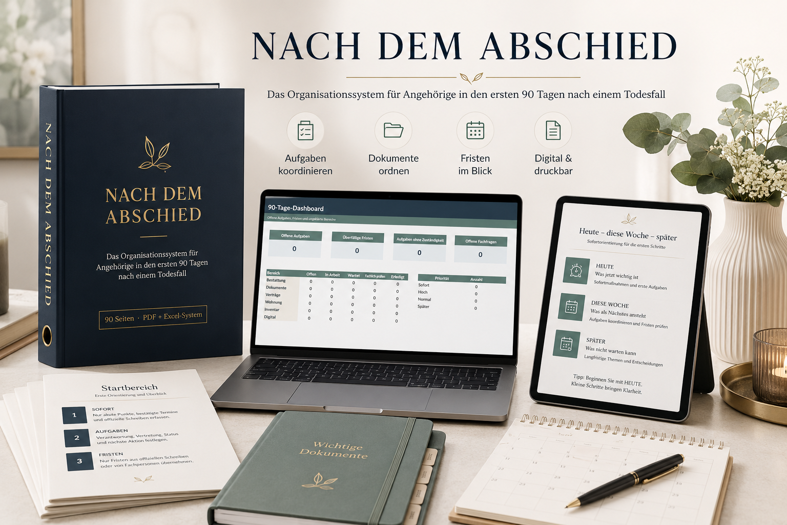 Nach dem Abschied 90-Tage-Organisationssystem mit PDF-Workbook und Excel-Dashboard für Angehörige