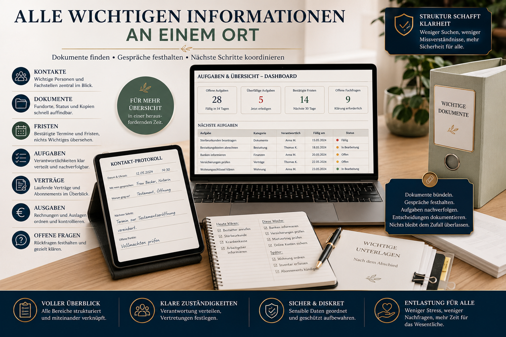 Excel-Dashboard und Vorlagen für Aufgaben, Dokumente, Fristen, Verträge und Ausgaben nach einem Todesfall