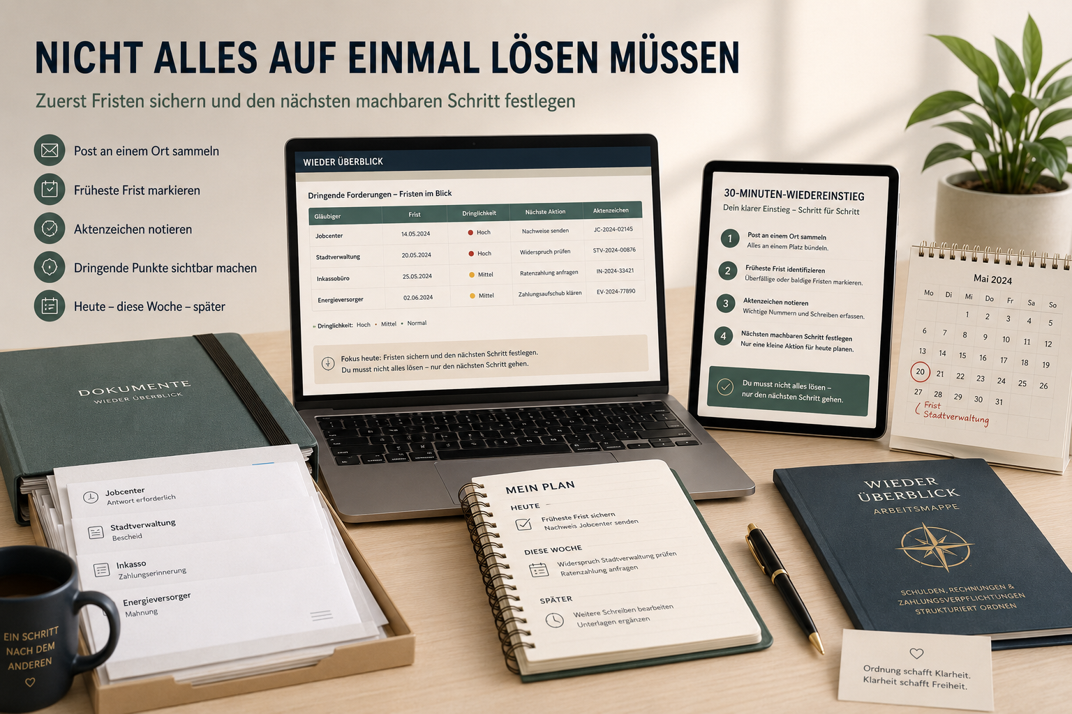 30-Minuten-Wiedereinstieg zum Ordnen von Post, Fristen und nächsten Schritten bei offenen Forderungen