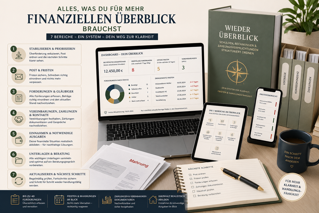 Excel-Dashboard und Arbeitsmappe für Forderungen, Fristen, Zahlungen, Dokumente und Beratungsvorbereitung