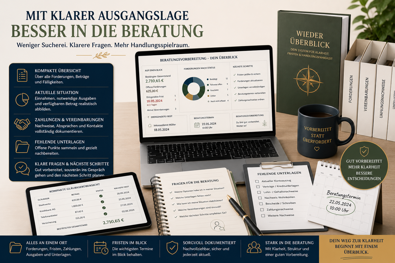 Schuldnerberatung vorbereiten mit Gläubigerübersicht, Fristen, Unterlagen und offenen Fragen