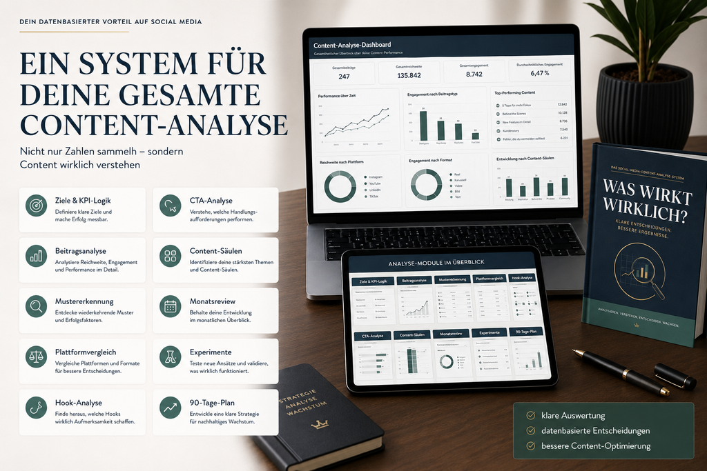 Content-Analyse-System mit KPI-Logik, Beitragsanalyse, Content-Säulen, Hooks, CTAs und Monatsreview