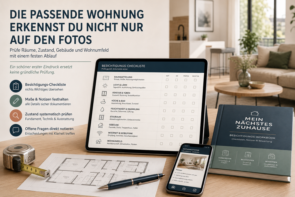 Besichtigungs-Checkliste für Räume, Zustand, Gebäude und Wohnumfeld einer Mietwohnung