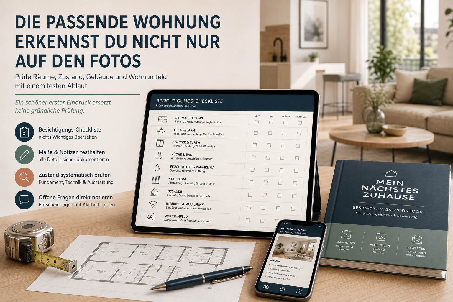 Besichtigungs-Checkliste für Räume, Zustand, Gebäude und Wohnumfeld einer Mietwohnung