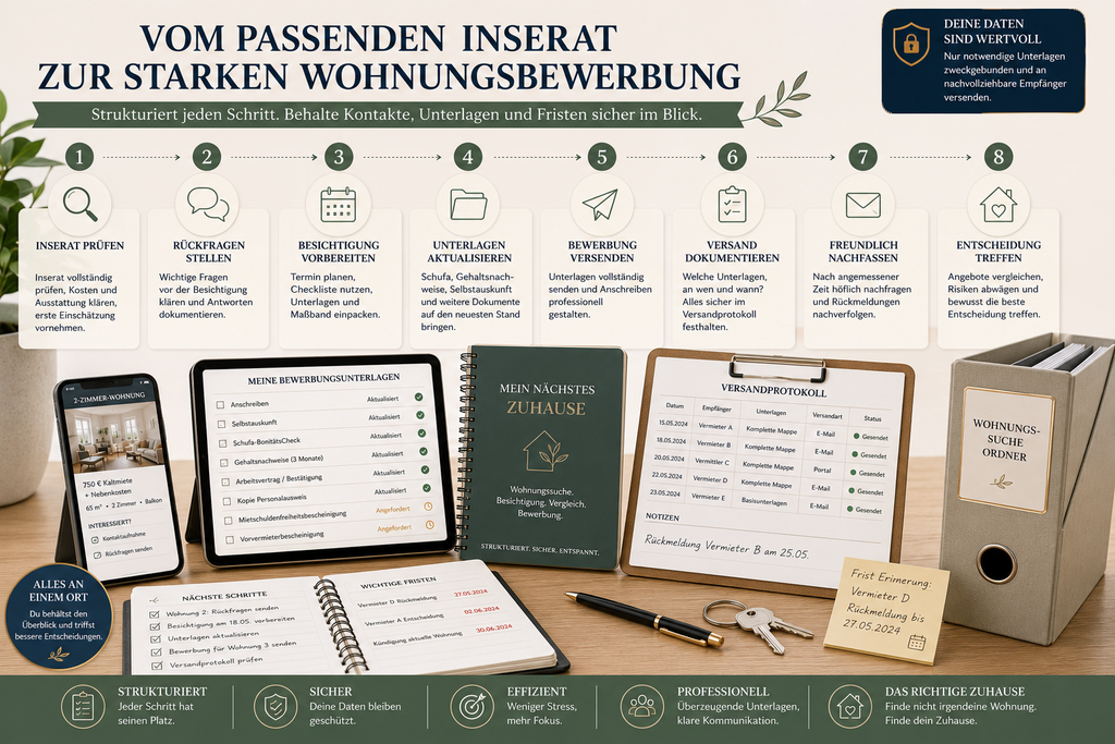 Wohnungsbewerbung organisieren mit Unterlagenliste, Versandprotokoll, Kontakten und Fristen