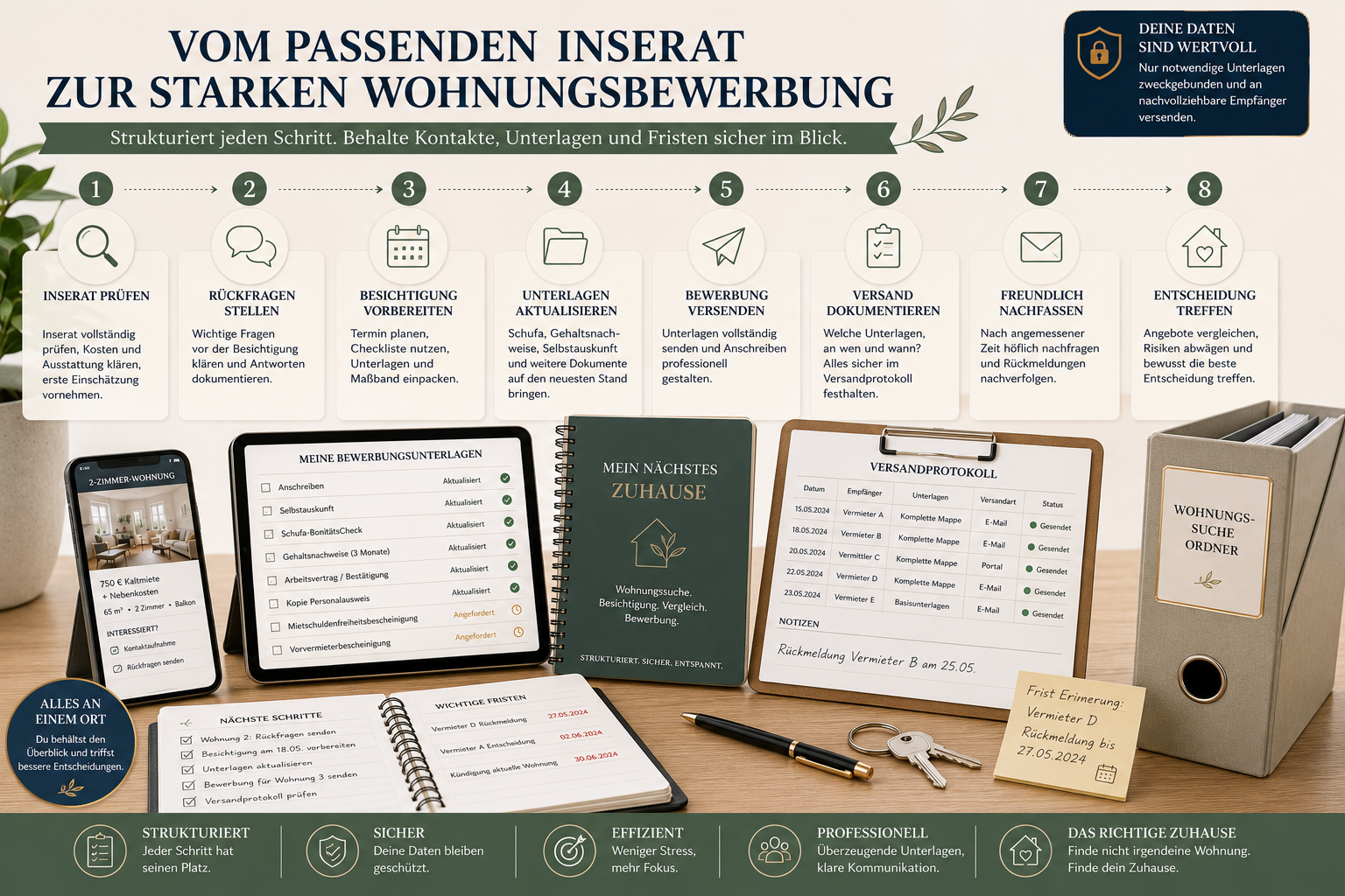 Wohnungsbewerbung organisieren mit Unterlagenliste, Versandprotokoll, Kontakten und Fristen